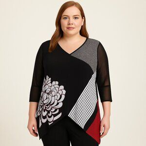 Chico's Travelers Mesh Sleeve Asymmetric Hem Knit Top Womens Black Multi-Print 4